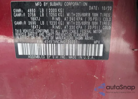 2021 Subaru Outback Limited from USA, damaged, VIN 4S4BTANC9M3130027
